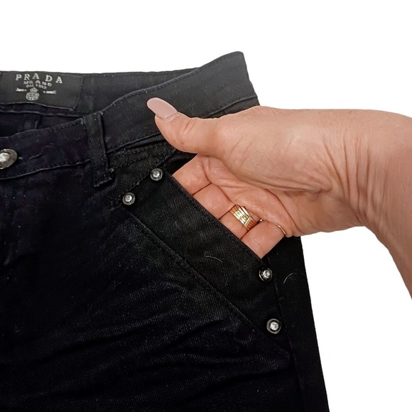 Prada BLACK Jeans MILANO Italy Sz 27  Embelished Jewels Pockets Straight Y2k - Picture 5 of 16